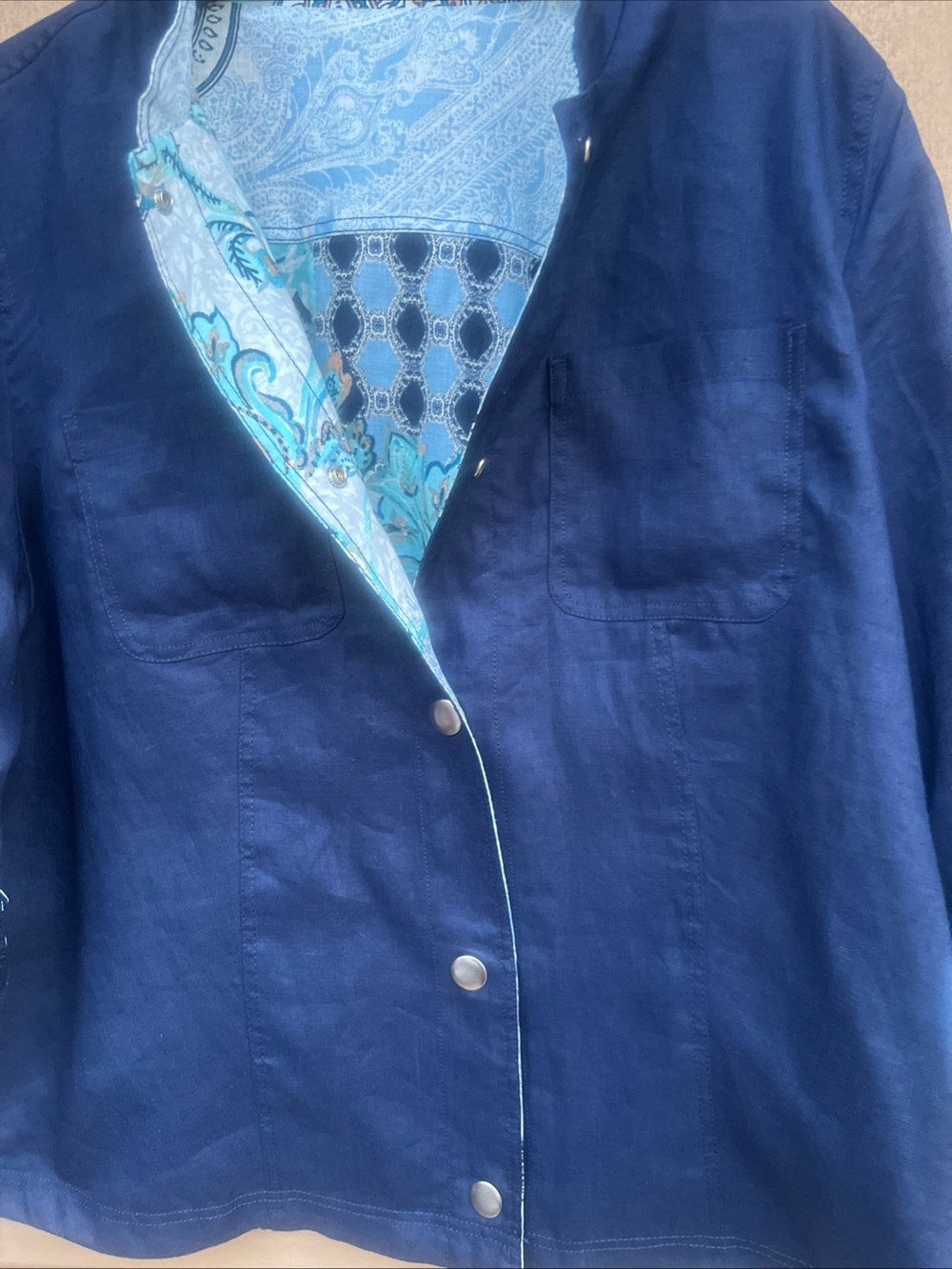 Chicos 100% Linen Patchwork Mixed Paisley Print Jacket Size 2, L/XL Artsy Boho - Picture 5 of 11